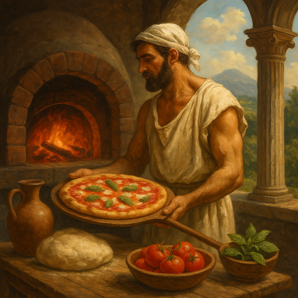Antico fornaio romano prepara una pizza nel forno a legna in un ambiente rustico, con pomodori e basilico freschi sul tavolo e colline sullo sfondo, simbolo delle origini tradizionali della pizza.